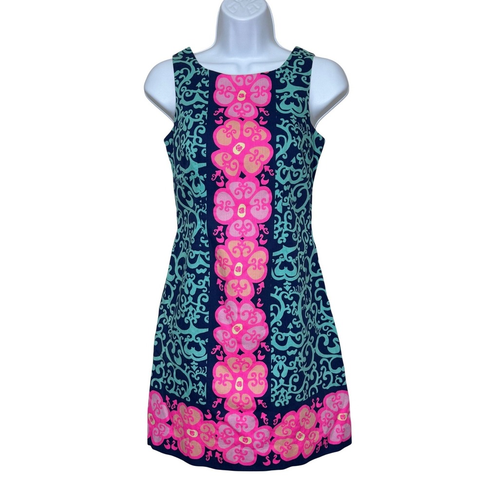 Lilly Pulitzer Shift Delia Dress Size 00 Navy Pink Floral Scroll Sleeveless Mini